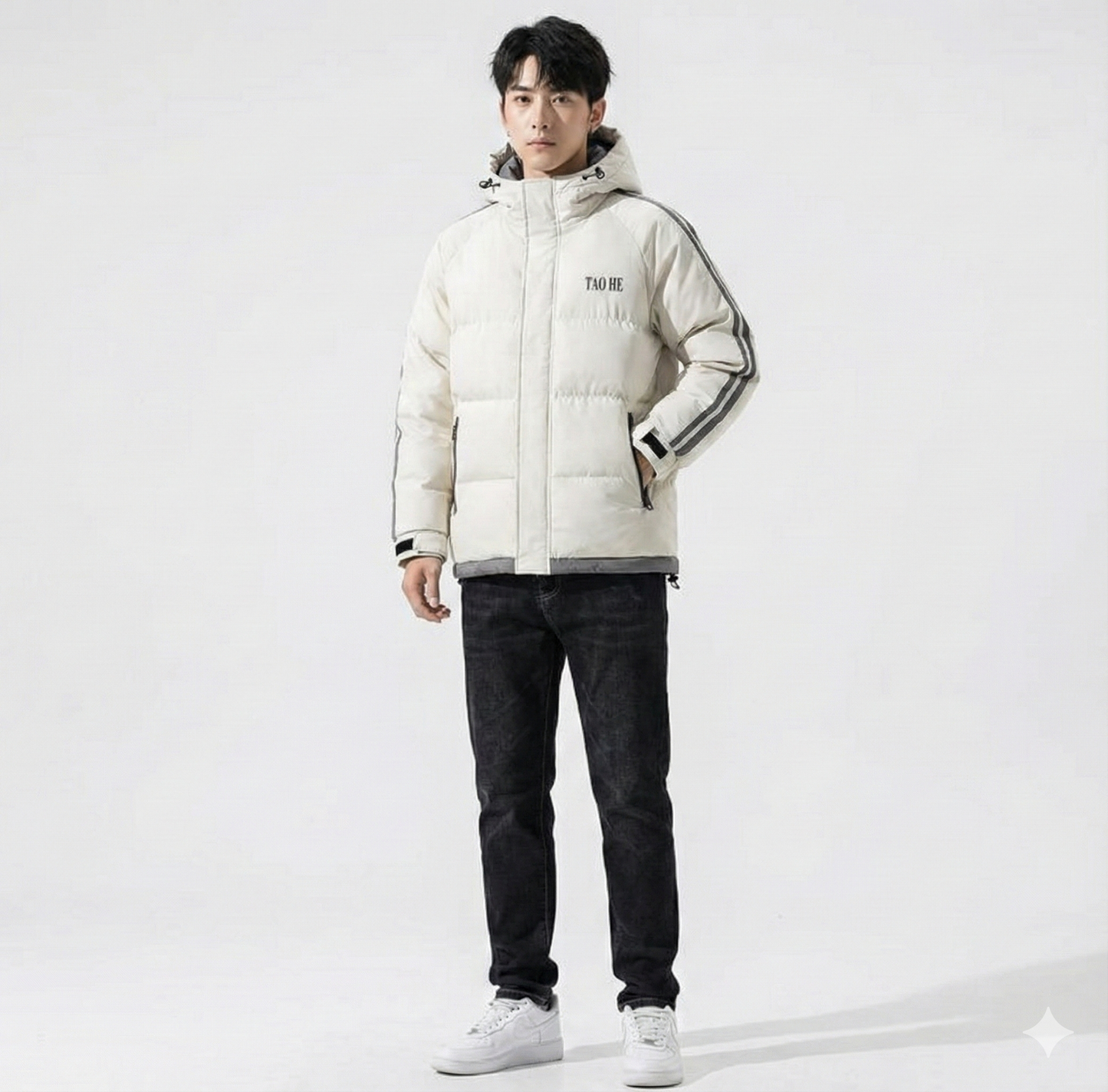 TAO HE Men's White Hooded Puffer Jacket with Grey Accent Stripes