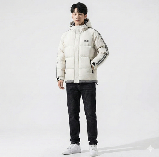 TAO HE Men's White Hooded Puffer Jacket with Grey Accent Stripes