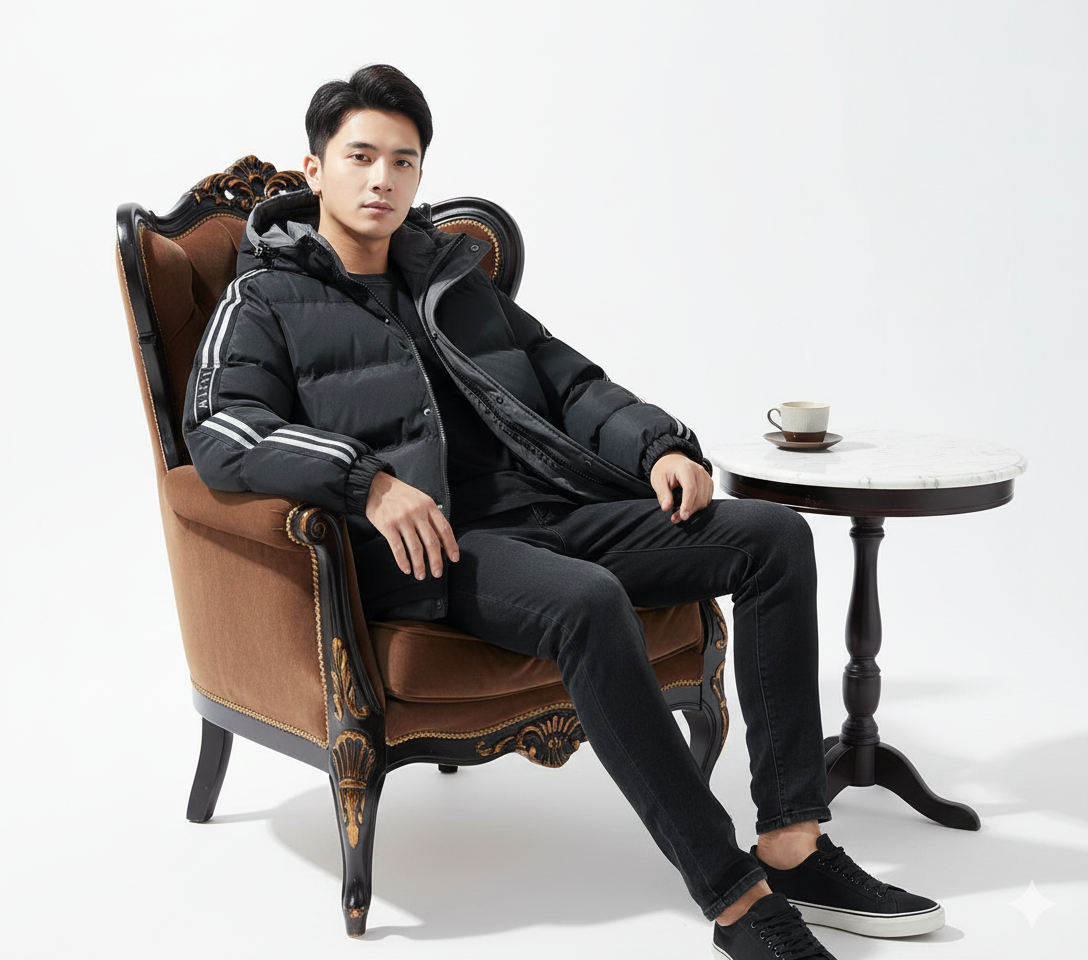 TAO HE Men's White Hooded Puffer Jacket with Grey Accent Stripes