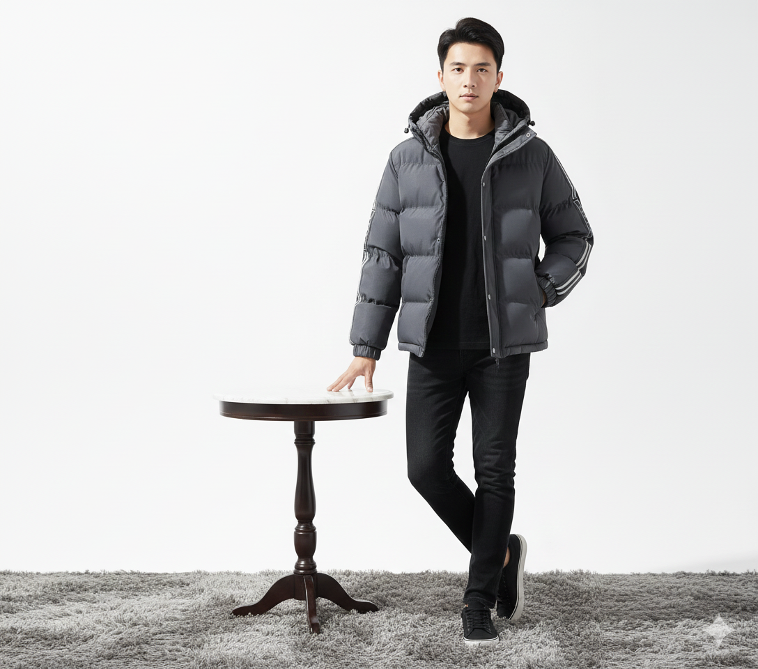 TAO HE Men's White Hooded Puffer Jacket with Grey Accent Stripes